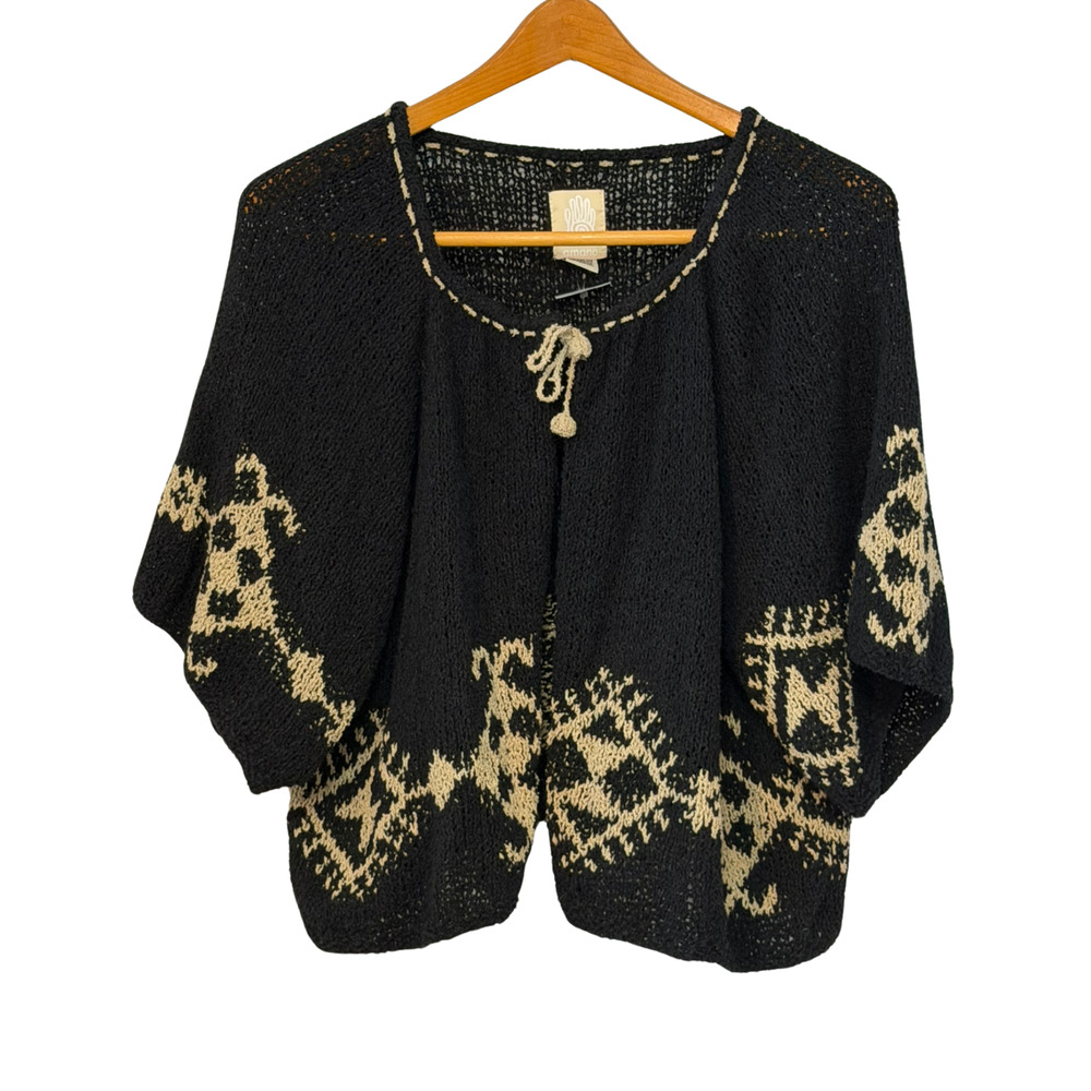 Amano One Size Folk Style Tie-Front Cardigan Black Open Knit Made in Bolivia New